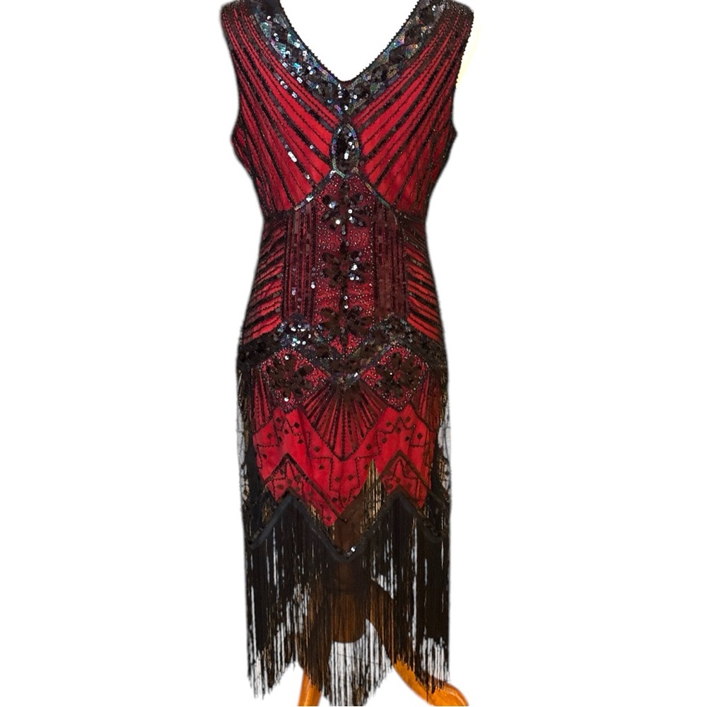 Red and black flapper style dress excellent condition like new Sz L